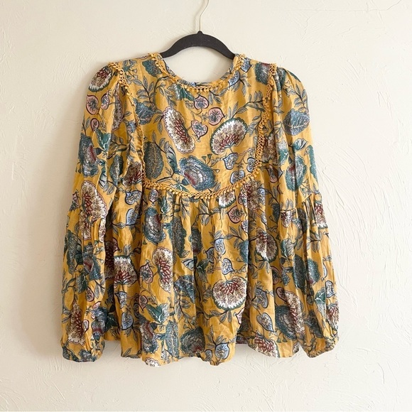 HAUTE HIPPIE Yellow Floral Boho Long Sleeved Babydoll Blouse Top Women's Small - Picture 2 of 6